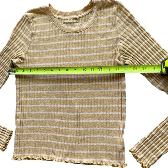 American Eagle Tan Ribbed Striped Semi-Cropped Long Sleeve Tee- Size Small - Picture 7 of 7